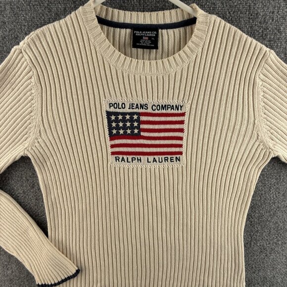 Ralph Lauren Polo Jeans Women Flag Sweater Ribbed Knit Embroidered XL Cotton - Picture 1 of 13